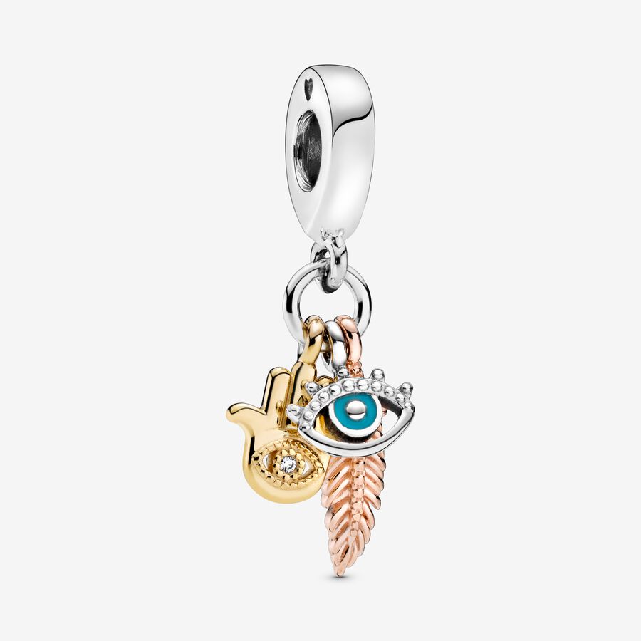 Charm-pendentif Spiritualité avec Hamsa, œil qui voit tout et plume