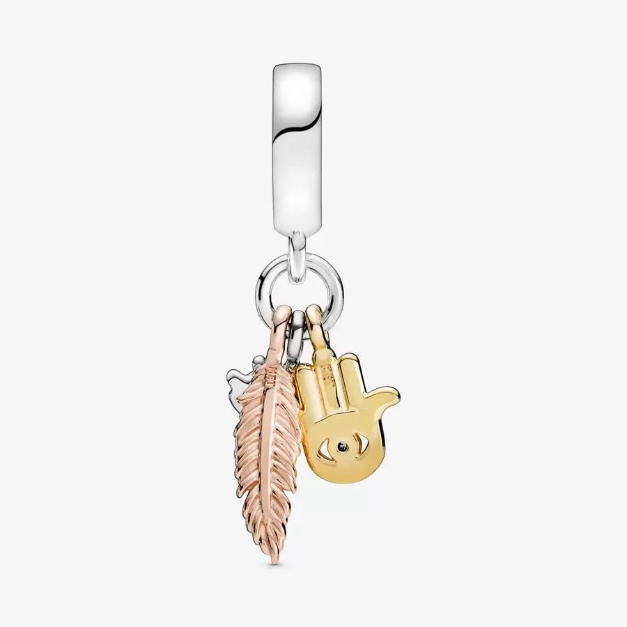 Charm-pendentif Spiritualité avec Hamsa, œil qui voit tout et plume