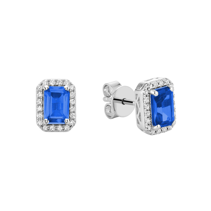 Emerald Cut Gemstone and Diamond Halo Stud Earrings