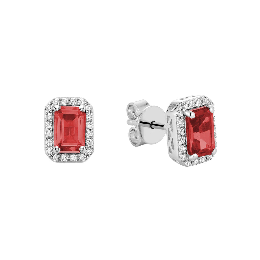 Emerald Cut Gemstone and Diamond Halo Stud Earrings